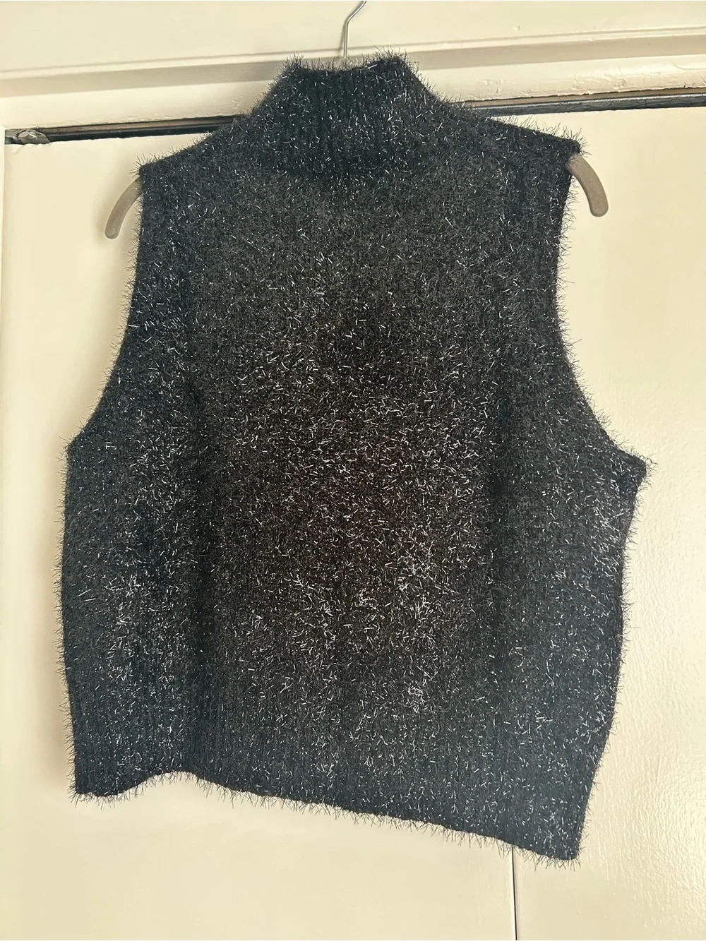 J Crew Sleeveless Turtleneck Sleeveless Shaggy Knit Top - Black & Silver